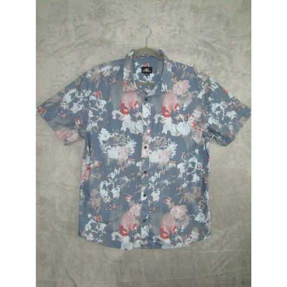 O'Neill Men's L Floral Short Sleeve Button Shirt Blue Pink Grey Surf Beach Top - Picture 1 of 7